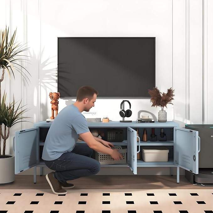 Metal Storage Cabinet-22"Tall Steel TV Stand Cabinet Adjustable Shelves storage locker Lockable Blue Metal Cabinet for Home Office Bedroom Living Room Balcony Entryway Size：22" H X 47.3" W X 13.8" D