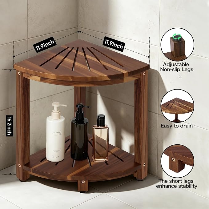 Bathroom Corner Shower Stool with Storage Shelf, Footrest for Shaving Legs, Sitting, Storage, Sturdy Bathroom Organizer for Shower, Kitchen, Living Room, Large Fan Shape–Acacia Wood
