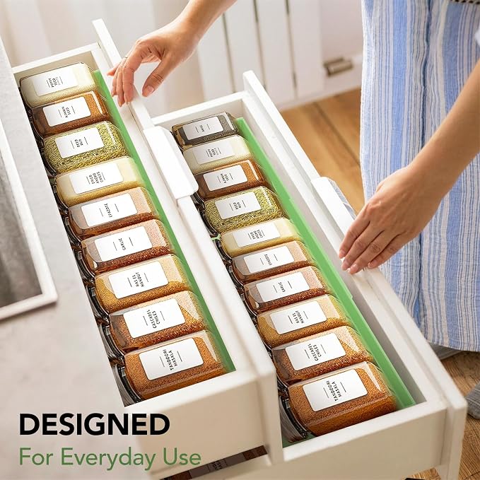 Adjustable 3-Tier Drawer Spice Organizer – Thick Plastic, Non-Slip, Fits 11"-22" Kitchen Drawers, Includes Labels & Funnel (No Jars)