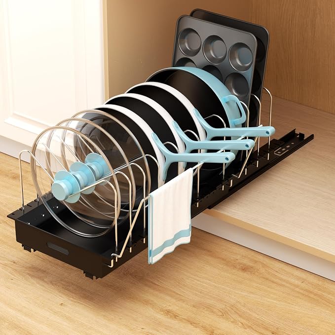 Golener Pots and Pans Organizer Under Cabinet - 22" Deep Expandable | Pot Organizers inside Cabinet with 10 Adjustable Dividers & Handrail, No Drill Pot Lid Holder, Sliding Pot Lid Holder, 1 Pack