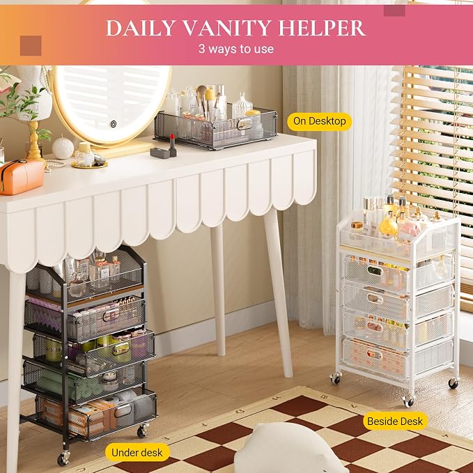 Goovilla Rolling Makeup Organizer Cart with Drawers, 5 Tier Metal Floor Skincare Vanity Organizers with Lockable Wheels, Make Up Storage Cart for Cosmetics Display, Nail Polish, Perfume, Black