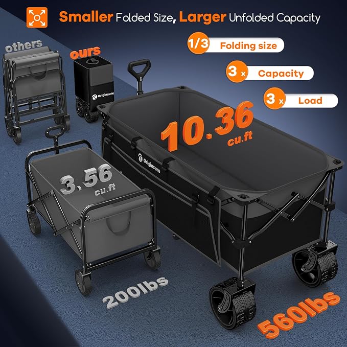 Originsure 48" L Collapsible Wagon Cart Foldable, 560lbs Weight Capacity 300L Heavy Duty Folding Beach Wagons with Big All-Terrain Wheels, Utility Carts for Groceries, Camping, Sports - Grey&Black