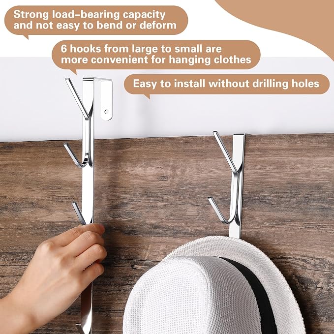 Tandefio 4 Pack 13.8" Over The Door Hook Hanger Comes with 6 Hooks from Large to Small Metal Extra Long Over The Door Hooks Hanger for Hats Rack Coat Scarf Purse Bags Scarf Keys and More (Silver)