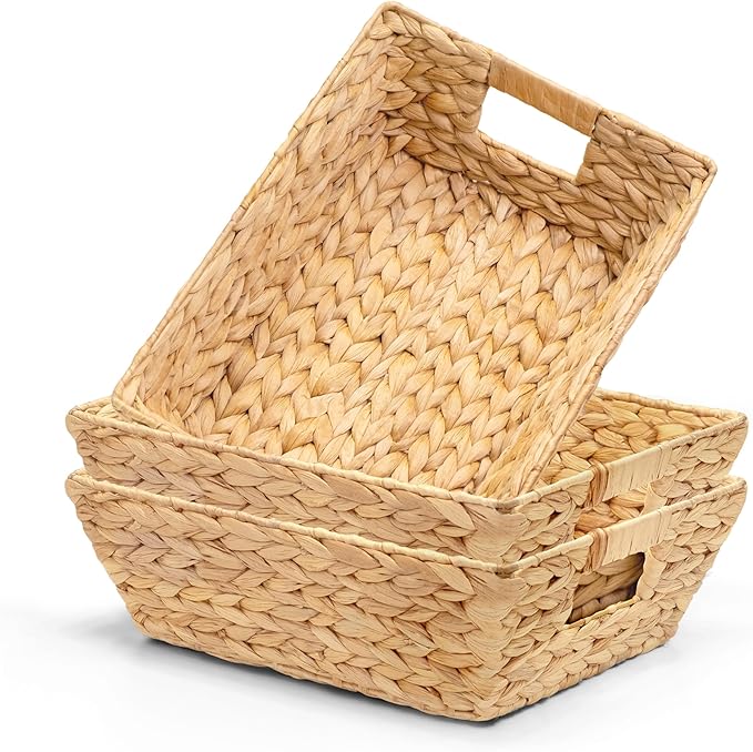 M4DECOR Set of 3 Snack Baskets, Wicker Snack Basket Organizer for Office, Small Wicker Baskets with Handles, (3 Medium Basket)