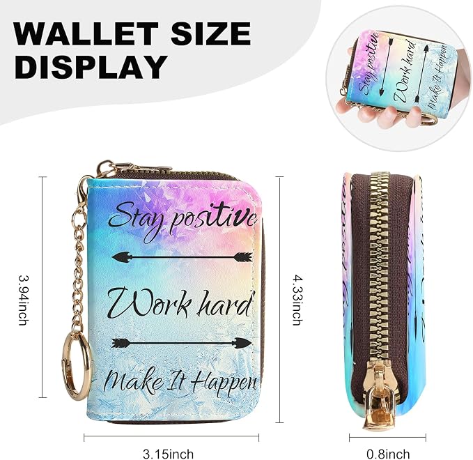 Credit Card Holder for Women,Small Rfid Wallet with Keychain Zipper,Cute PU Leather Card Case Wallet，Accordion Credit Card Wallets Gift,Stay positive