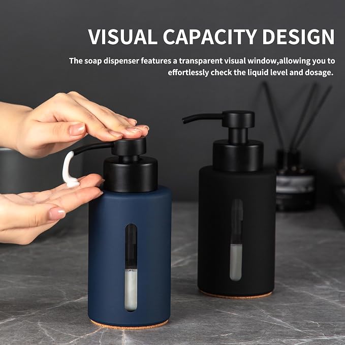 Glass Hand Soap Dispenser,12oz Navy Blue Liquid Bathroom Soap Dispenser with Stainless Steel Lotion Pump for Bathroom Kitchen (Blue)