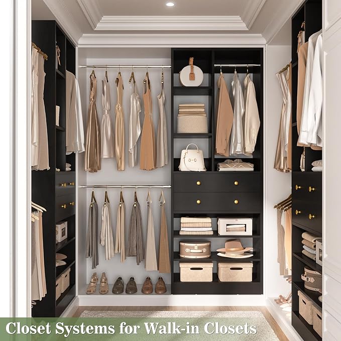 Besiost Closet System, 4.2–8.8 FT Closet Organizer with 2 Wooden Drawers and Shelves, Walk-in Closet System with 5 Hang Rods, Built-in Closet Tower, Can Fit 60 to 96 inch, Black