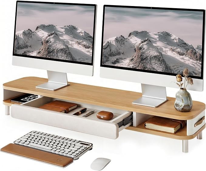Fenge Dual Monitor Stand with Large Storage Drawer, 42.5" Dsek Shelf, Oak | Slide-Out Drawer, Ergonomic Monitor Riser, Aluminum leg, 2-Tier Desk Organizer for Laptop, TV, PC