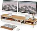 Fenge Dual Monitor Stand with Large Storage Drawer, 42.5" Dsek Shelf, Oak | Slide-Out Drawer, Ergonomic Monitor Riser, Aluminum leg, 2-Tier Desk Organizer for Laptop, TV, PC