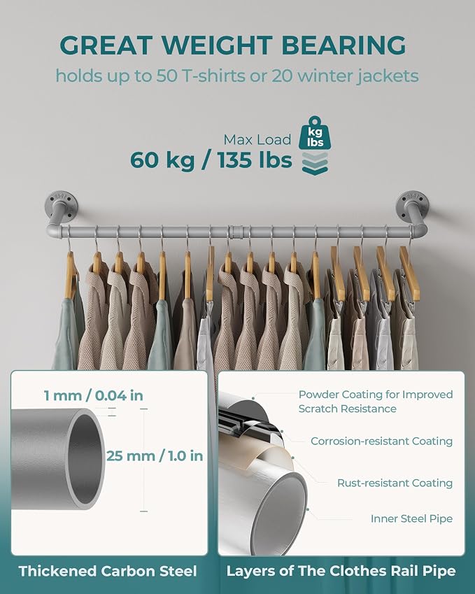 OROPY 38.4" Industrial Pipe Clothes Rack Wall Mounted, Heavy Duty, 2 Pack | Heavy Duty Iron Pipe Clothing Garment Rail, Multi-Purpose Clothing Hanging Rod for Laundry Room and Closet Storage, Gray