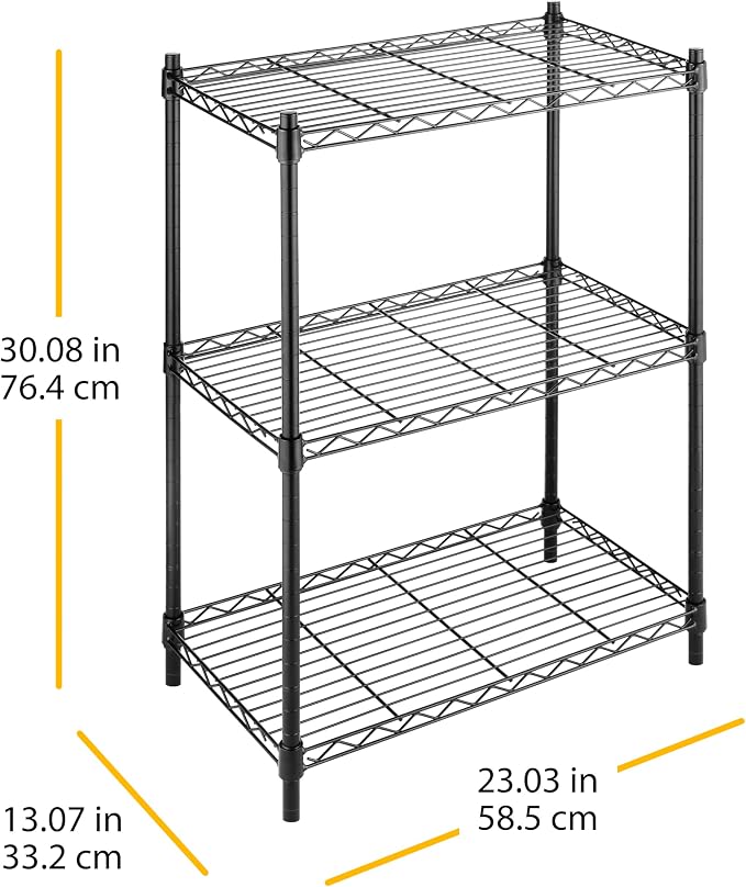 Whitmor 3 Tier Shelving Unit, Metal Storage Shelves, Adjustable Heavy Duty Shelf, 400 lbs Capacity per Shelf, 1200 lbs Total for Home, Garage, Workshop, 23" L x 13" W x 30" H, Black