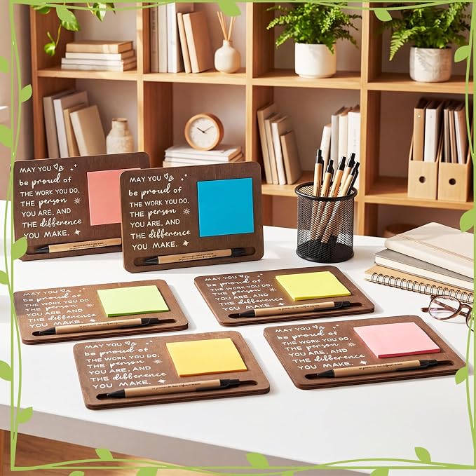 Kosiz 10 Set Back to School Teacher Gifts Bulk May You Be Proud Brown Wooden Sticky Note Holder with Notes and Ballpoint Pens Thank You Appreciation Gift for Teacher Team Employee Office Supplies