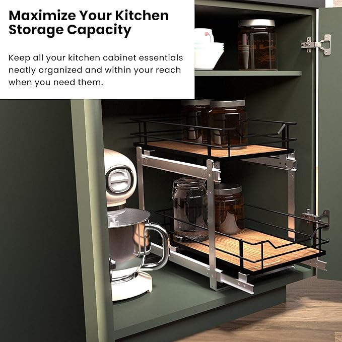 Home Zone Living Pull Out Kitchen Cabinet Organizer with 2 Tiers of Storage for Easy Access, 12”W x 20”D, Matte Black with Dark Brown, Virtuoso Collection