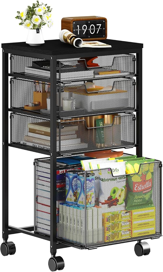 Sbanmao 4 Drawers Rolling Storage Cart, 1 Large Drawer (11.22"D x 12.2"W x 9.84"H) & 3 Small Drawers, Rolling Storage Cart with Lockable Wheels, Craft Storage Cart for Bedroom, Office, Black