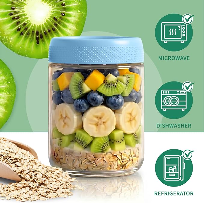 Overnight Oats Containers with Lids, Jars for Overnight Oats, Mason jar | Reusable Glass Jars, Parfait Cups with Lid for Yogurt, Chia, Pudding, Snack, Food, Spice, Breakfast, Salad, Sugar, Dressing