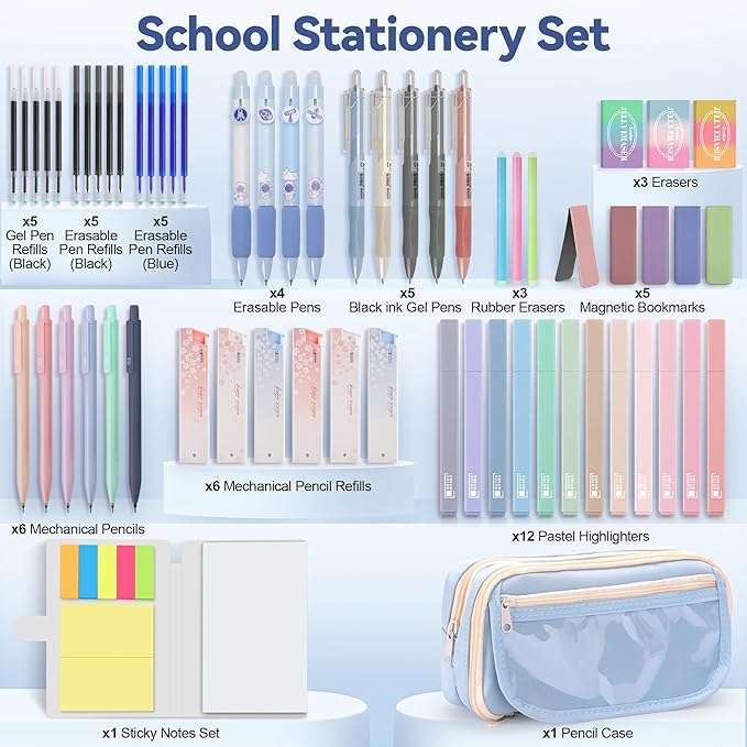 DazSpirit 61 PCS Aesthetic School Supplies with Cute Pencil Case, No Bleed Highlighters, Gel & Erasable Pens, Mechanical Pencils, Refills, Complete College Essentials Stationery Kit for Women