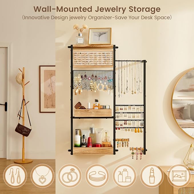 Pinzoveco Hanging Jewelry Organizer Wall Mounted, Large Hanging Jewelry Organizer Holder for Necklaces,Bracelest,Earrings,Rings,Watched,Makeup & Perfume (Black)