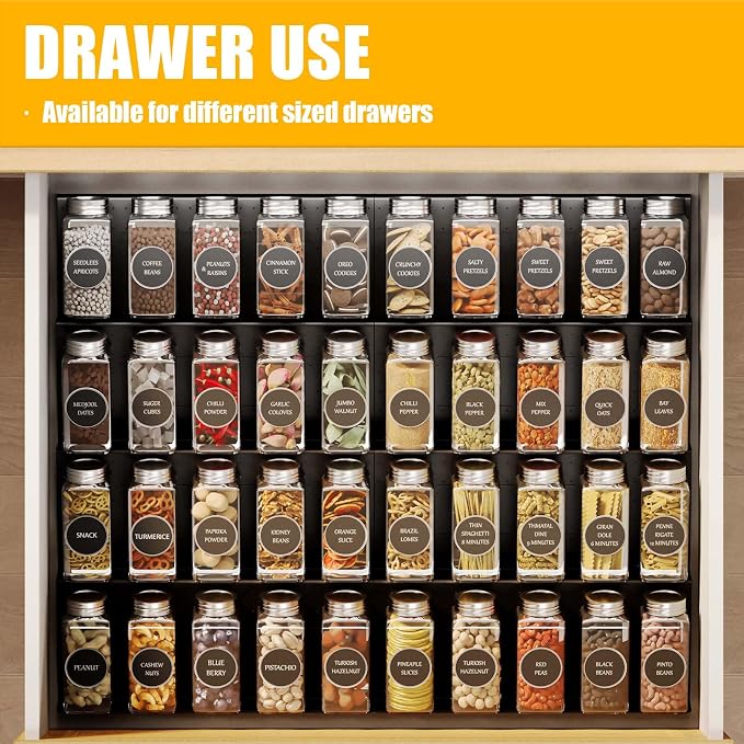 Famhap Spice Drawer Organizer Expandable 8 Tier for 11.6"-23.2" Wide Drawer | Durable Plastic, Slanted Seasoning Drawer Organizer, Use for Kitchen Spices Cosmetics