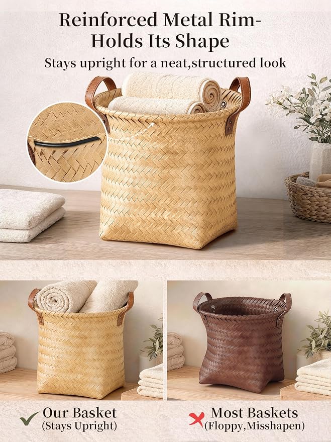 Hand Woven Baskets for Storage, 4Pcs Water-Resistant Wicker Baskets, Yellow Wicker Storage Baskets for Shelves, Large Basket with Handle for Organizing, Closet, Laundry, Blanket - Round