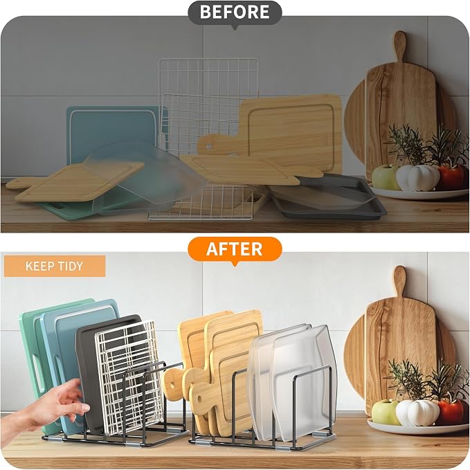 Cutting Board Organizer, Kitchen Cabinet Organizer, Divided Rack with 5 Slots for Baking Trays, Cutting Boards - Cookie sheet Organizer Inside Cabinet, Baking Sheets Holder (medium)