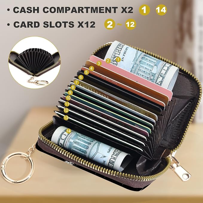 Credit Card Holder for Women,Small Rfid Wallet with Keychain Zipper,Cute PU Leather Card Case Wallet，Accordion Credit Card Wallets Gift,Black marble texture