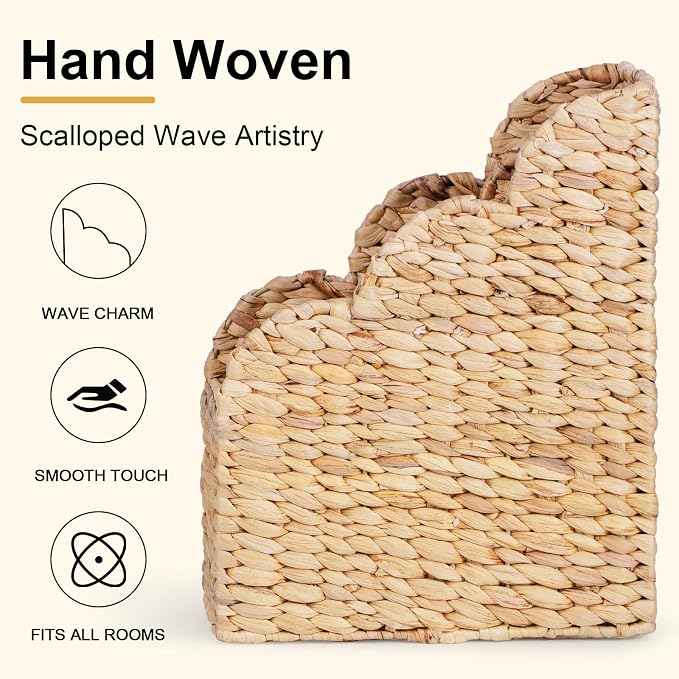 BROWNLILY Water Hyacinth Magazine Holders with Scalloped Edge - Natural Handwoven Rattan Storage Baskets Set of 2 (Large & Small) for Books, Home Office Decor