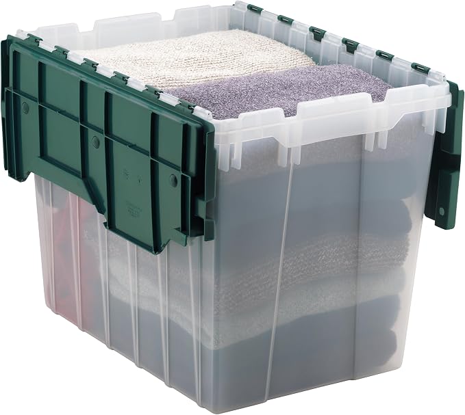 Akro-Mils KeepBox 18 Gallon Storage Container, Nesting and Stackable Plastic Storage Box with Lid Attached, Clear Tote for Garages, Closets, and Moving, 21" x 15" x 17", Clear/Green