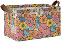 Retro Groovy Daisy Flower Storage Bins for Shelves with Labels&Handles Fabric Organizer Bin Vintage Floral Foldable Rectangle Storage Basket Orange Hippie Boxes for Closet, Home, Living Room, Laundry