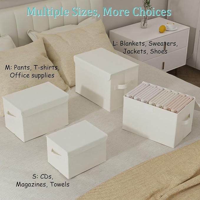 Foldable Storage Bins, Closet Boxes, 4 Pack, Beige, 13x9x7.9 In | Cube Organizer Basket with Flip-Top Lid and 2 Handles, Decorative Boxes for Shelves with Cover for Clothes, Towels, Blanket