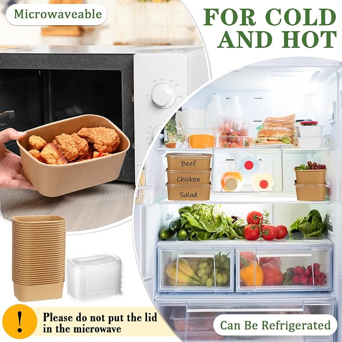 Maxdot 50 Pack 25 oz Disposable Food Containers with Lids Paper Food Containers Bowls for Meal Prep, Salad, Ice Cream, Yogurt, Soup Bowls Party Leftover Box