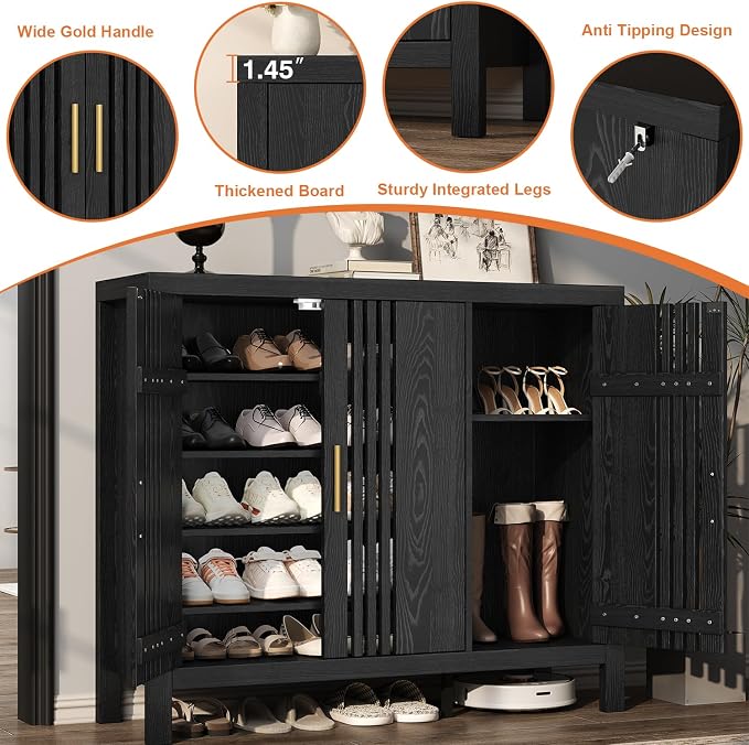 UNIQUITE Shoe Storage Cabinet with 3 Shutter Doors, 30 Pairs Shoe Cabinet with Adjustable Shelves, 5-Tier Large Shoe Rack Organizer for Entryway Hallway Living Room, Black