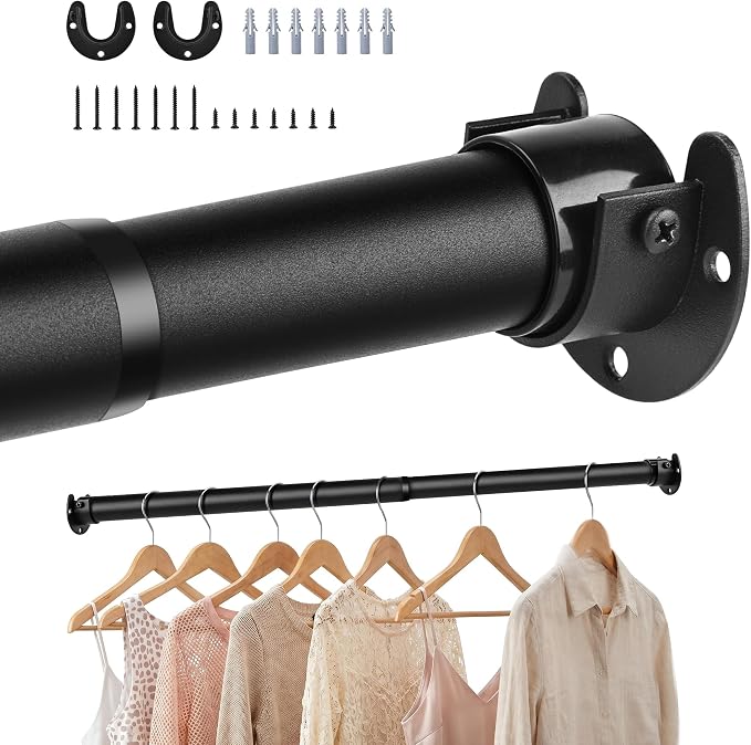 Adjustable Closet Rod for Hanging Clothes, 17-28inch Heavy Duty Metal tension clothes rod，1.3Inches Closet Pole with Hardware Kit for Closet Organization Laundry Room RV, Black