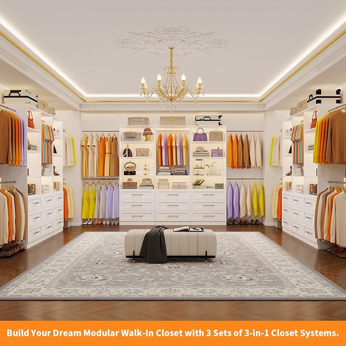 Closet System with 3 Sets, 6–15 FT Closet Organizer System with 9 Drawers, 9 Shelves & 4 Rods, Walk-In Modular Closet System, Custom Built-In Closet Kit, White