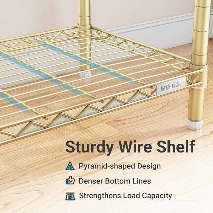 VIPEK X20 Expandable Metal Clothing Rack Adjustable from 3'3" to 4'8" Heavy Duty Garment Racks With Shelves and Hanger Rods Portable Wardrobe Open Closet System, Gold