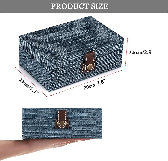Hipiwe Treasure Chest Jewelry Box Wooden Decorative Box with Linen Covered | Memento Case Box with Clasp Lid, Rectangular Keepsake Box Photos Storage Organizer Home Decor, Blue