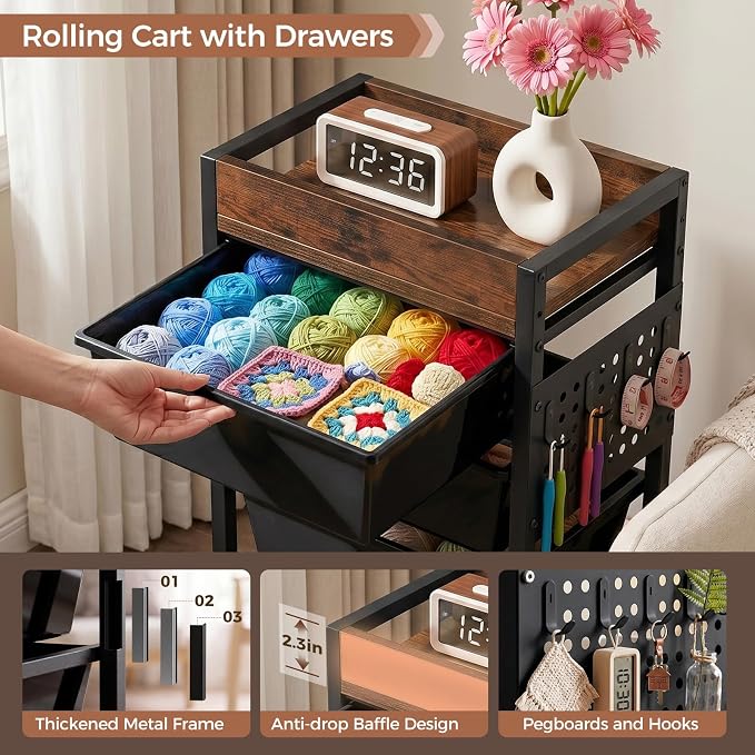 5 Tier Rolling Cart with Drawers, Plastic Drawer Storage Craft Cart with Pegboards & Hooks, Metal Utility Cart with Wheels & Wooden Tabletop, Classroom Office Art Supply Organizers and Storage, Black
