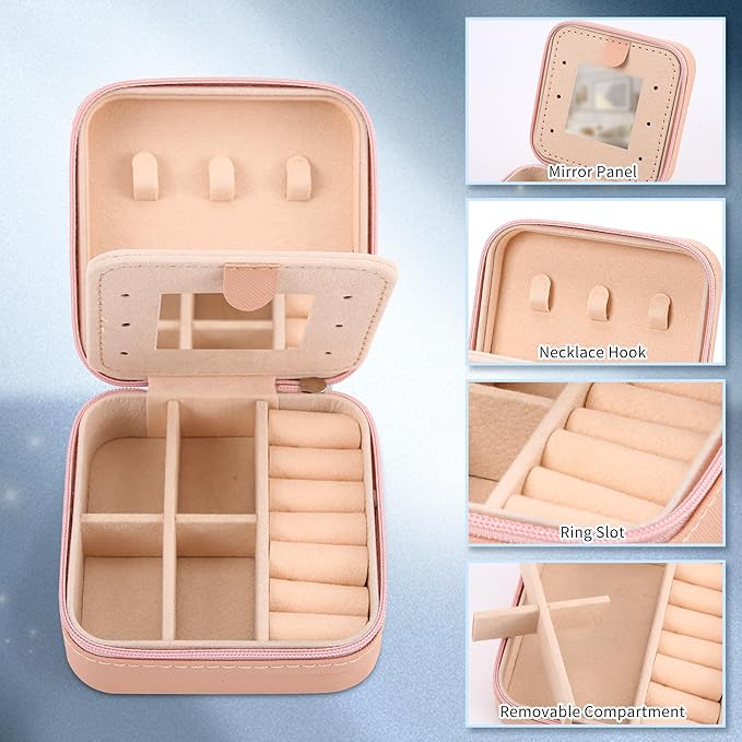 Neveika Jewelry Box with Mirror,Small Jewelry Organizer Box，Travel Jewelry Case for Women，Gift Jewelry Boxes for Female Girls (mirror pink)