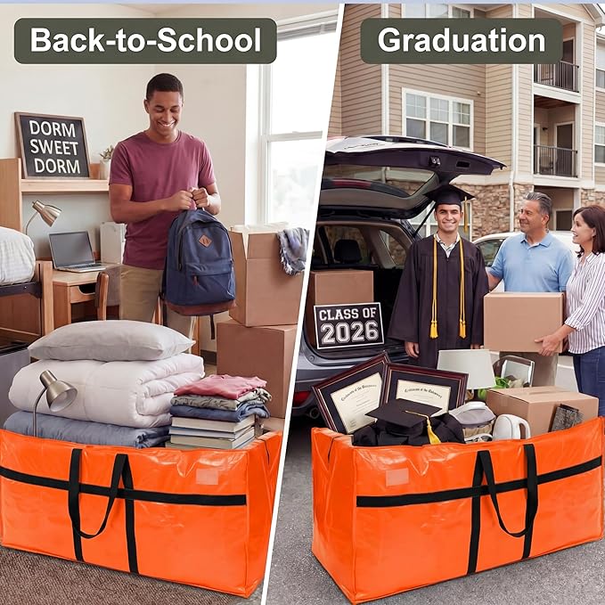 4 Pcs 96 Gallon Extra Large Moving Bags Heavy Duty Storage Bag with Strong Zipper Handle Foldable XXL Jumbo Storage Tote Packing Moving Box for College Dorm Travel Cloth Duffle (Orange)