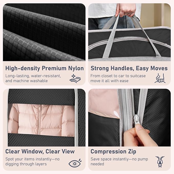 DIMJ Garment Bags for Hanging Clothes 10" Gusseted, Space Saving Compression Suit Bag Travel with Handles Window, Washable Carry Clothing Storage Cover for Dress, Coats, Jacket, Shirts,43" 2 Pack