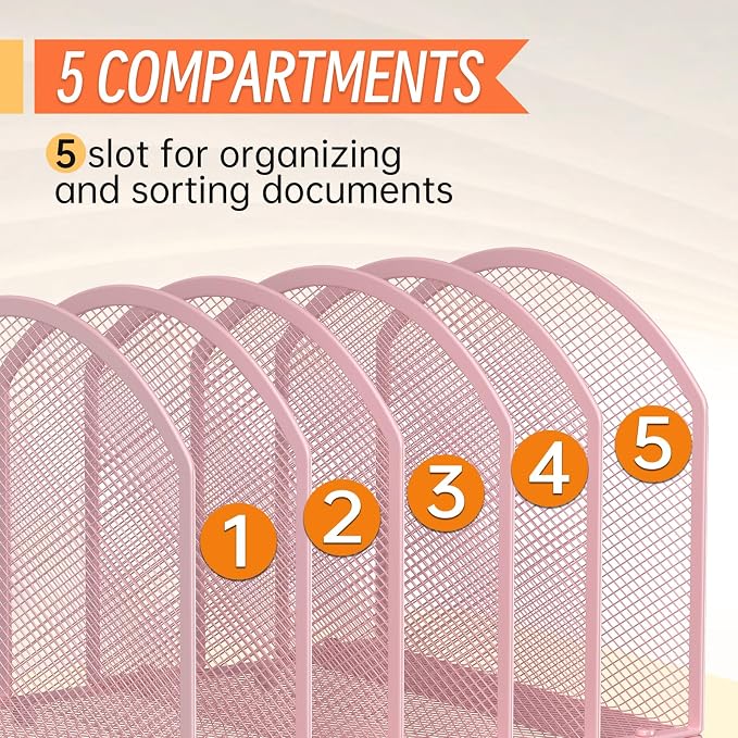 MINDEPOT Desk File Organizer 5 Sections Desktop Organizer File Sorter Office Organization File Folder Holder for Office School & Classroom (Pink, 5 Section - 1Pack)