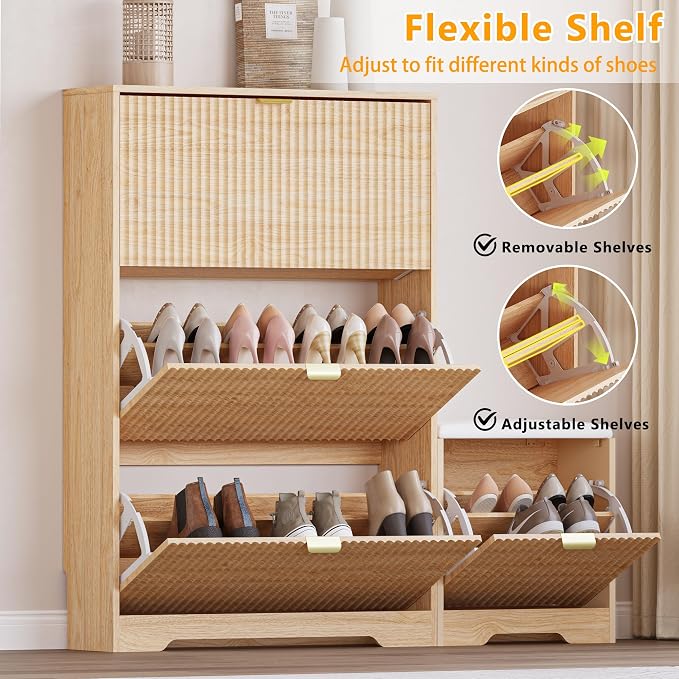 BORNOON Slim Shoe Cabinet with Bench for Entryway, Hidden Storage and Adjustable Shelves, Free Standing Wooden Shoes Organizer for Hallway, Foyer