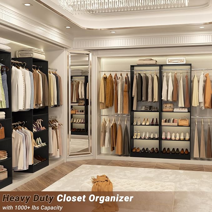 Homieasy Closet System, 4.5-11.5 Ft Expandable Closet Organizer with 5 Hanging Rods, Walk-in Wood Closet Organizer System with Storage Tower, Heavy Duty Garment Rack Wardrobe for Bedroom, Black