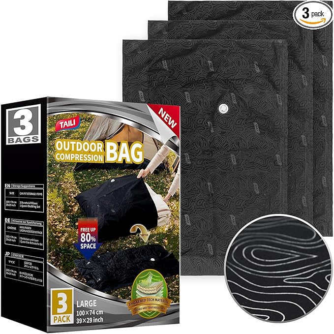 TAILI Outdoor Vacuum Storage Bags 3 Pack, Travel Compression Bags (39x29 inch), Tear-Proof Vacuum Seal for Camping, Cushion, Clothing, Waterproof, Wearproof, Punctureproof