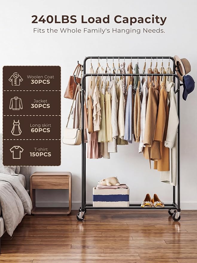 Clothes Rack, Rolling Clothing Rack with Double Rods for Hanging Clothes, Portable Garment Rack with Wheels, Metal Wardrobe Closet Organizer for Bedroom and Laundry Room