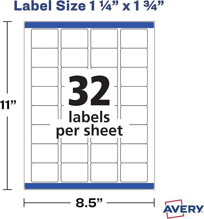 Avery Rectangle Labels White 1.25 x 1.75 inch | Printable | Water Resistant | Removable Adhesive | 256 Labels, Pack of 5