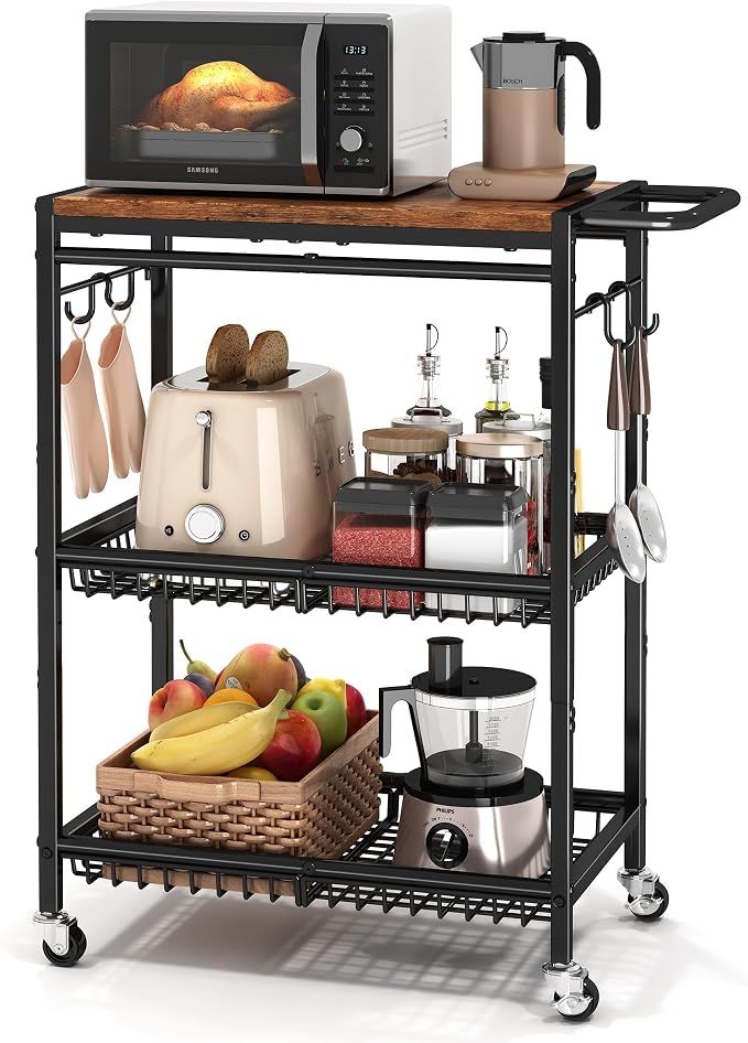 Microwave Kitchen Rolling Cart, 35.43" H Microwave Table Stand with Lockable Wheels, Utility Cart with Adjustable Shelf for Small Kitchen Island, Coffee Bar Table, Appliance Storage, Bakers Rack