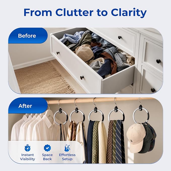 Rolly Hanger® Premium Closet Organizer, Rotating Aluminum Ring Hanger with 360° Swivel Hook, Space Saving Accessory Holder for Belts, Ties, Hats, Scarves, Purses & Handbags | Closet Organizer (2 Pack)