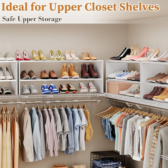 X-cosrack White Stackable Shoe Rack for Closet, Expandable 31.6-39.4 Inches 2-Tier Wooden & Metal Shoe Storage Shelf, Free Standing Shoe Rack for Entryway Bedroom Small Space