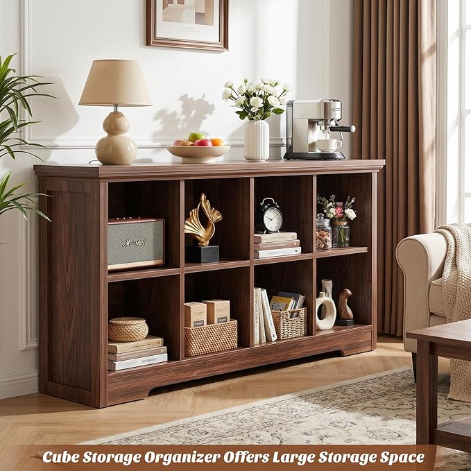 Aheaplus Wooden 8-Cube Storage Organizer with Charging Ports, Modern Cube Bookcase with Base, 3-Tier Floor Standing Open Cubbies Bookshelf, Cubicle Display Shelf for Home and Office, Black Walnut