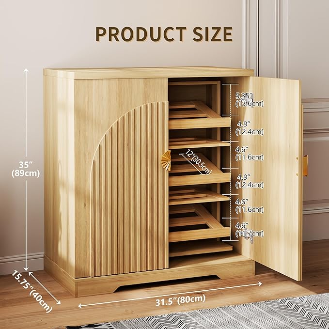 Vlsrka Rotating Shoe Storage Cabinet with Doors and 6 Tier Shelves, Wood | Suitable for 18 Pairs Shoe Organizer, Freestanding, Pull Out Shoe Rack, Wooden Entryway Cabinet for Hallway, Closet, Indoor